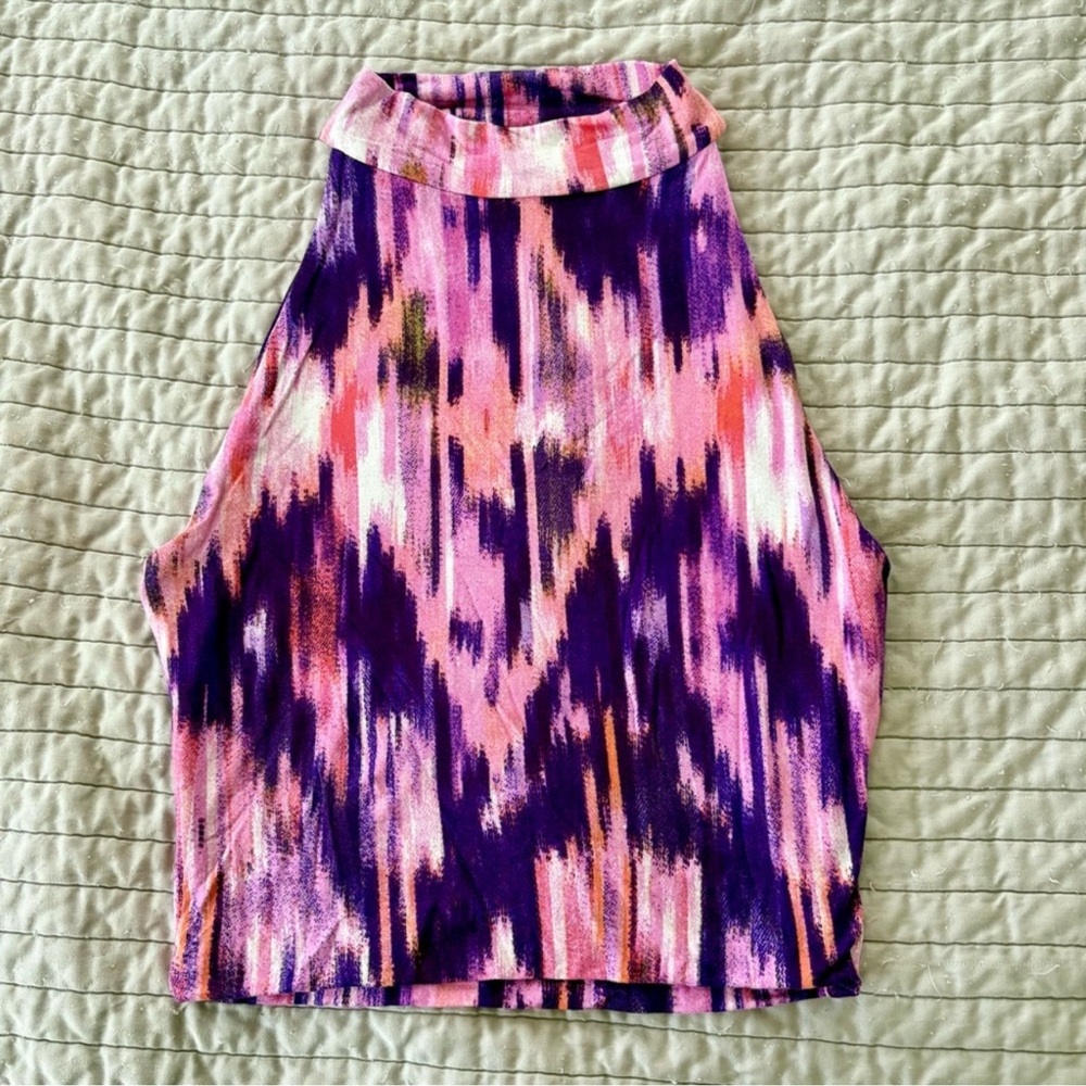 TART Purple Pink Ikat Women's Mock Neck Sleeveless Crop Top New Medium Stretch